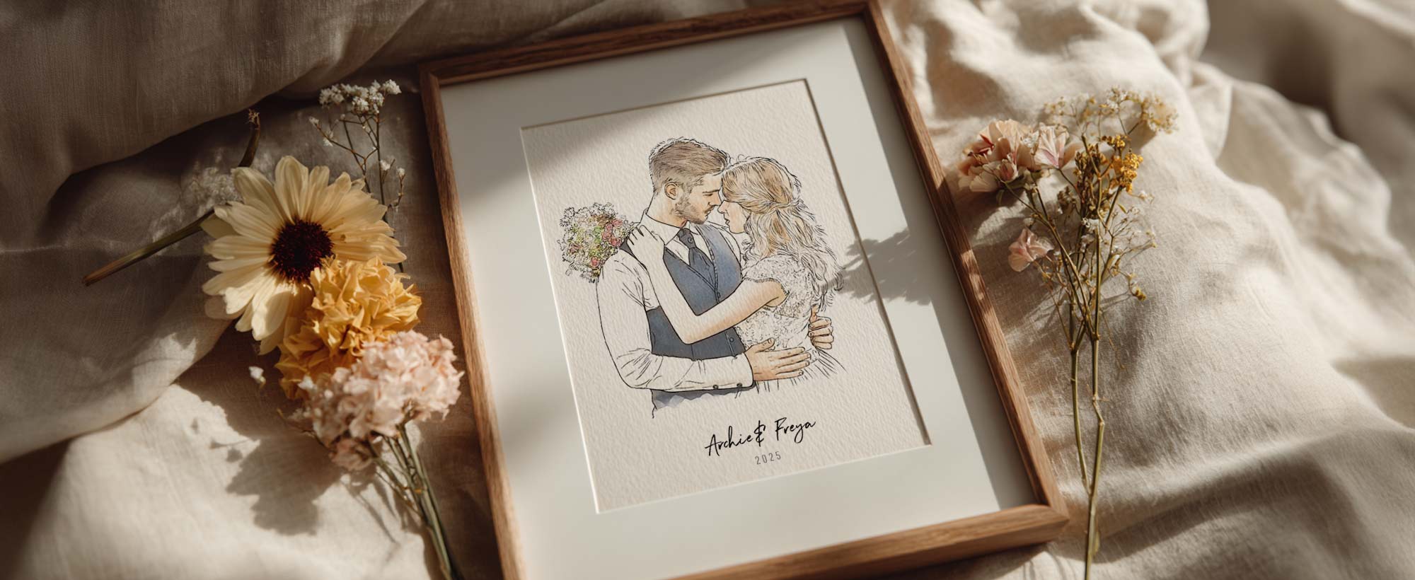 Framed personalised wedding portrait of a couple embracing, surrounded by dried flowers on soft linen bedding