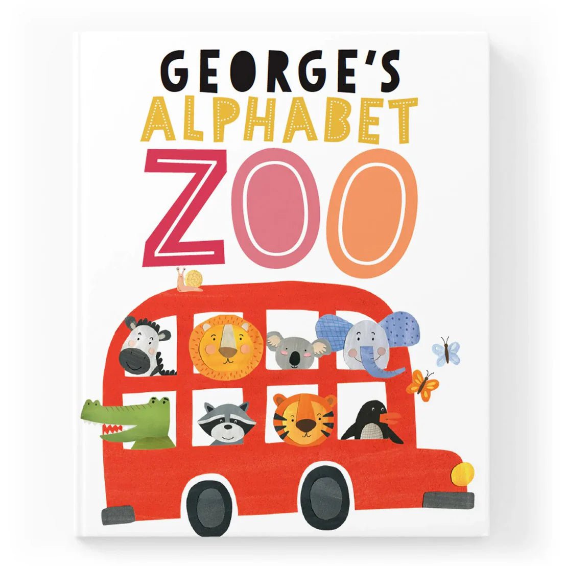 Cover of a children's book titled 'George's Alphabet Zoo', featuring a colorful illustration of a red bus with various animals looking out the windows.