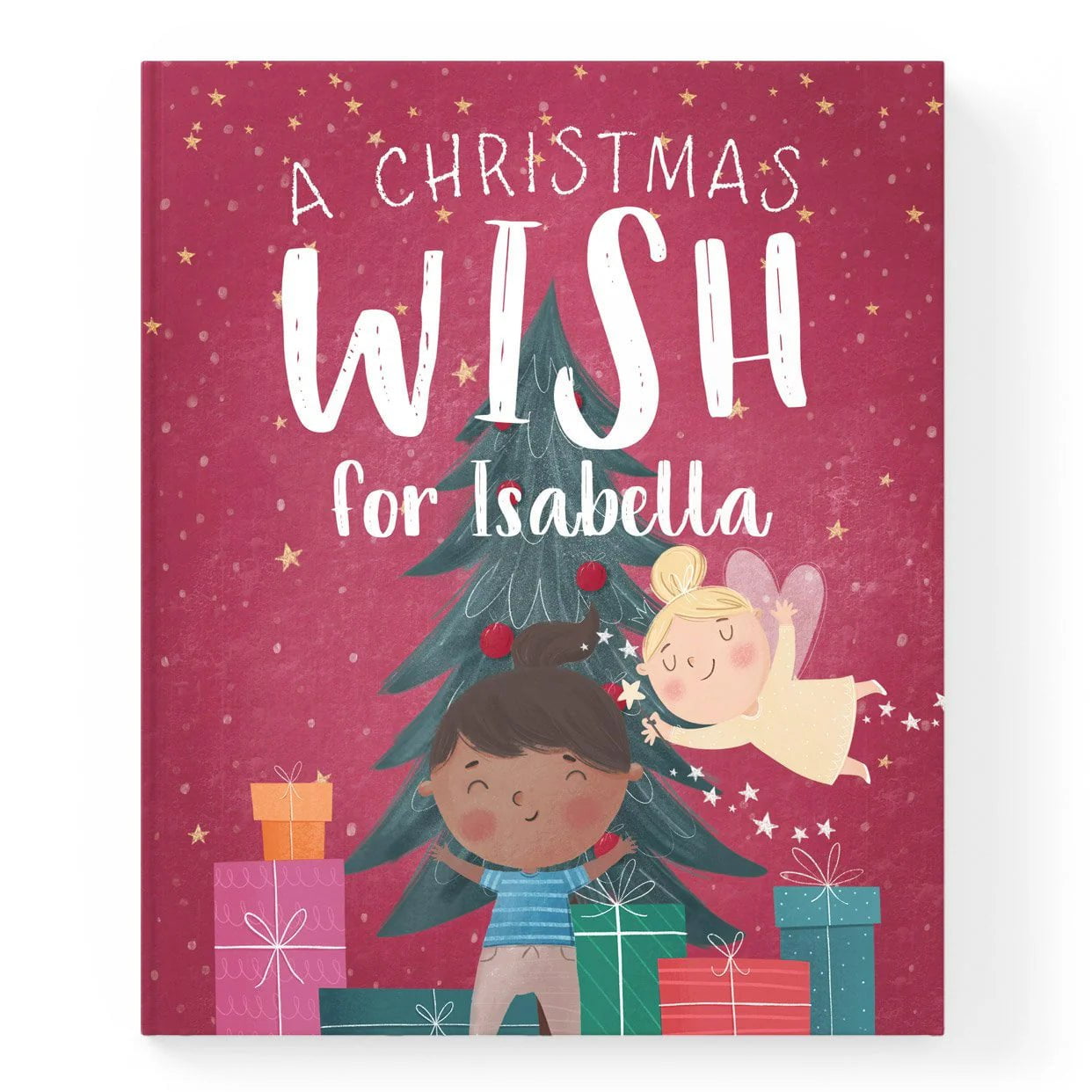 A cover illustration of a personalized Christmas story book titled 'A Christmas Wish for Isabella' featuring a diverse group of children interacting with Christmas presents and a tree, with stars and a red background.
