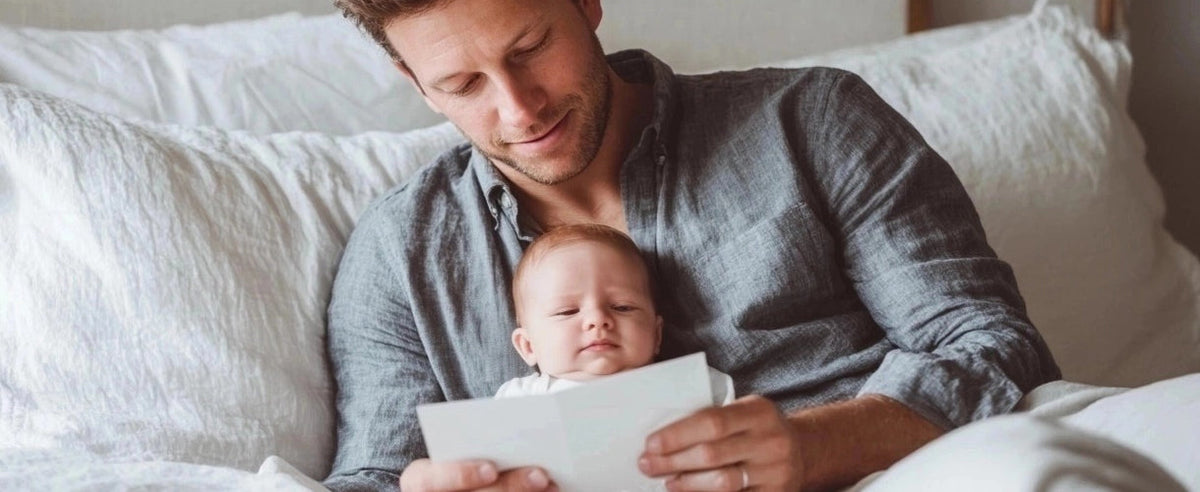  Father sitting on a bed with his baby in his lap, reading a card together, sharing a quiet and loving Father’s Day moment in a cosy setting.