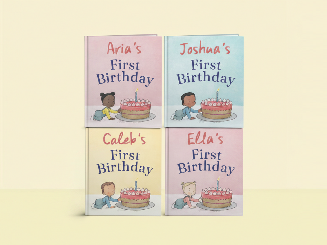 Four personalised First Birthday Story Books with the names Aria, Joshua, Caleb and Ella on the covers