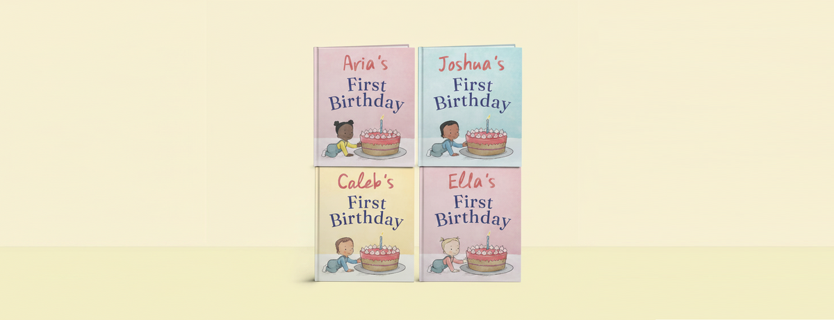 Four personalised First Birthday Story Books with the names Aria, Joshua, Caleb and Ella on the covers