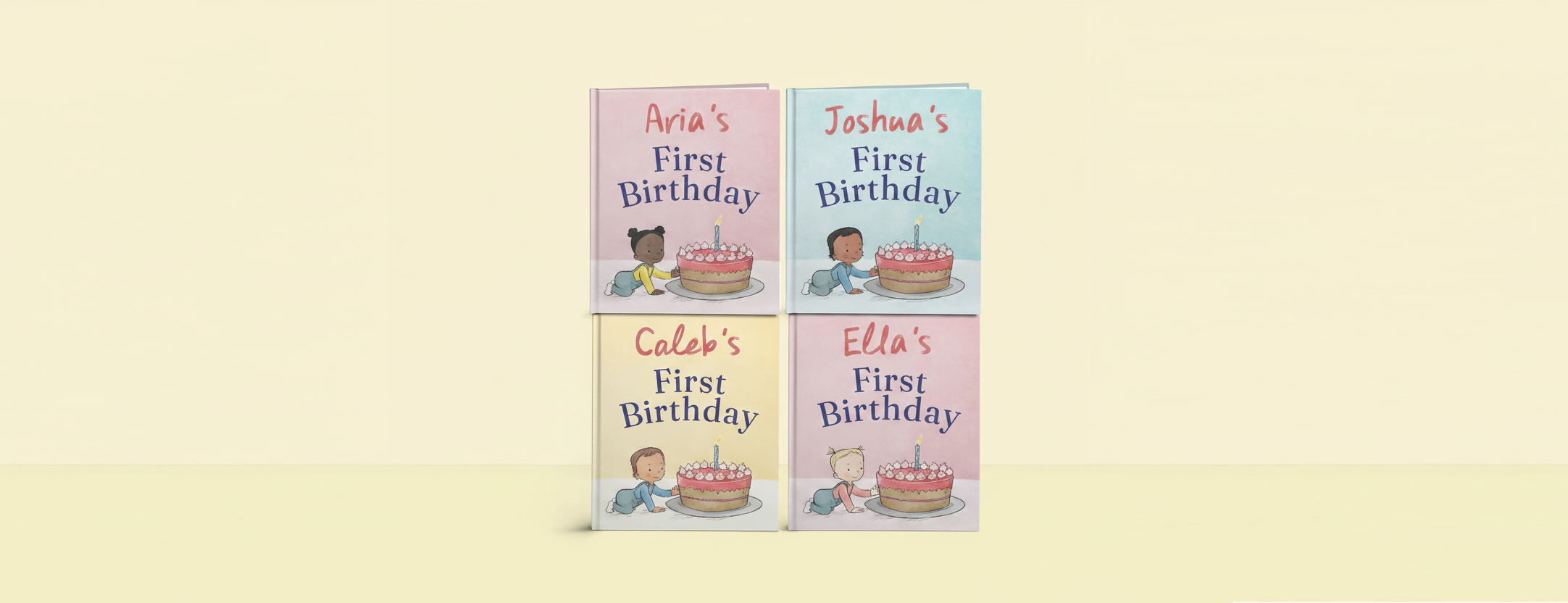 Four personalised First Birthday Story Books with the names Aria, Joshua, Caleb and Ella on the covers