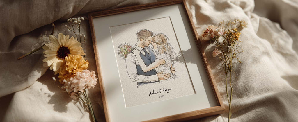 Framed personalised wedding portrait of a couple embracing, surrounded by dried flowers on soft linen bedding