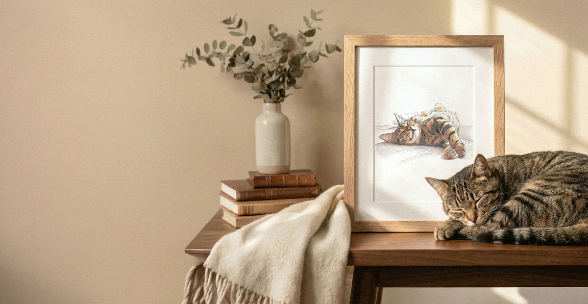 Framed watercolour of a sleeping tabby cat beside the real cat asleep on a side table